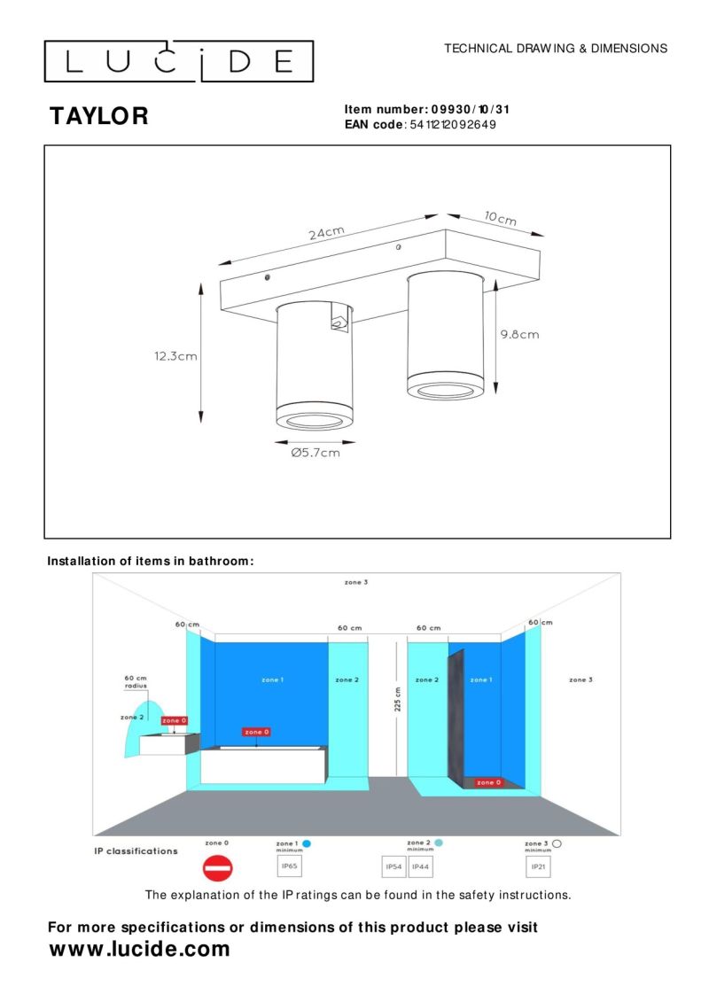Lucide TAYLOR - Stropné bodové svietidlo Kúpeľňa - LED Dim to warm - GU10 - 2x5W 2200K/3000K - IP44 - White